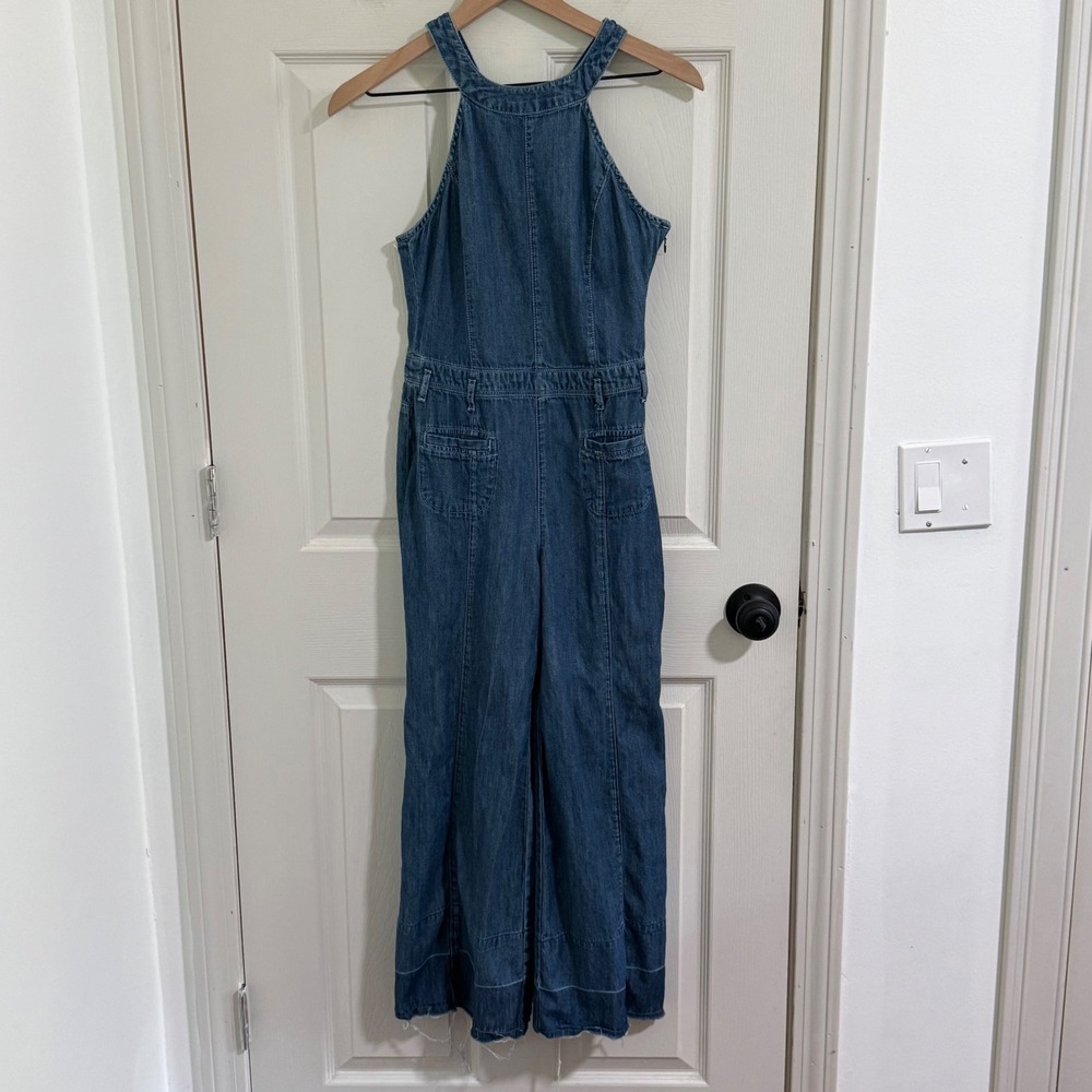 Pilcro Wide Leg Denim Overalls Womens 2 Blue Crop Jumpsuit Boho Festival Cottage - Picture 1 of 12